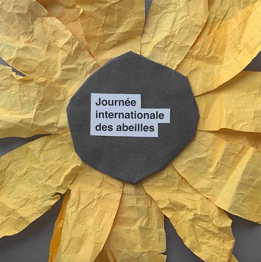 Image tirée de l’animation « Journée internationale des abeilles » : une étiquette posée sur une fleur de papier jaune froissé.