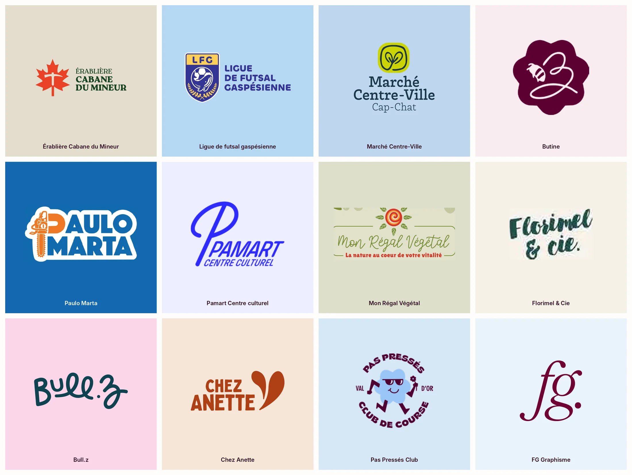 Compilation de douze logos : Érablière Cabane du Mineur, Ligue de futsal gaspésienne, Marché Centre-Ville, Butine, Paulo Marta, Pamart Centre culturel, Mon Régal Végétal, Florimel & Cie, Bull.z, Chez Anette, Pas Pressés Club et FG Graphisme.