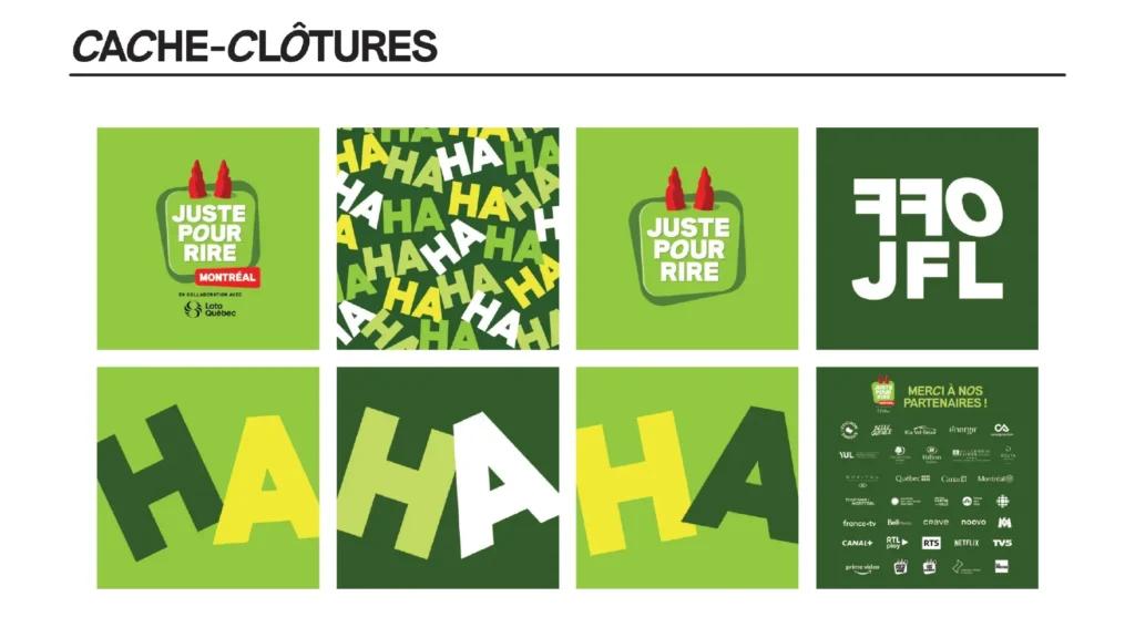Cache-clôtures : logo, motif « HA » en vert et noir, et mention des commanditaires.