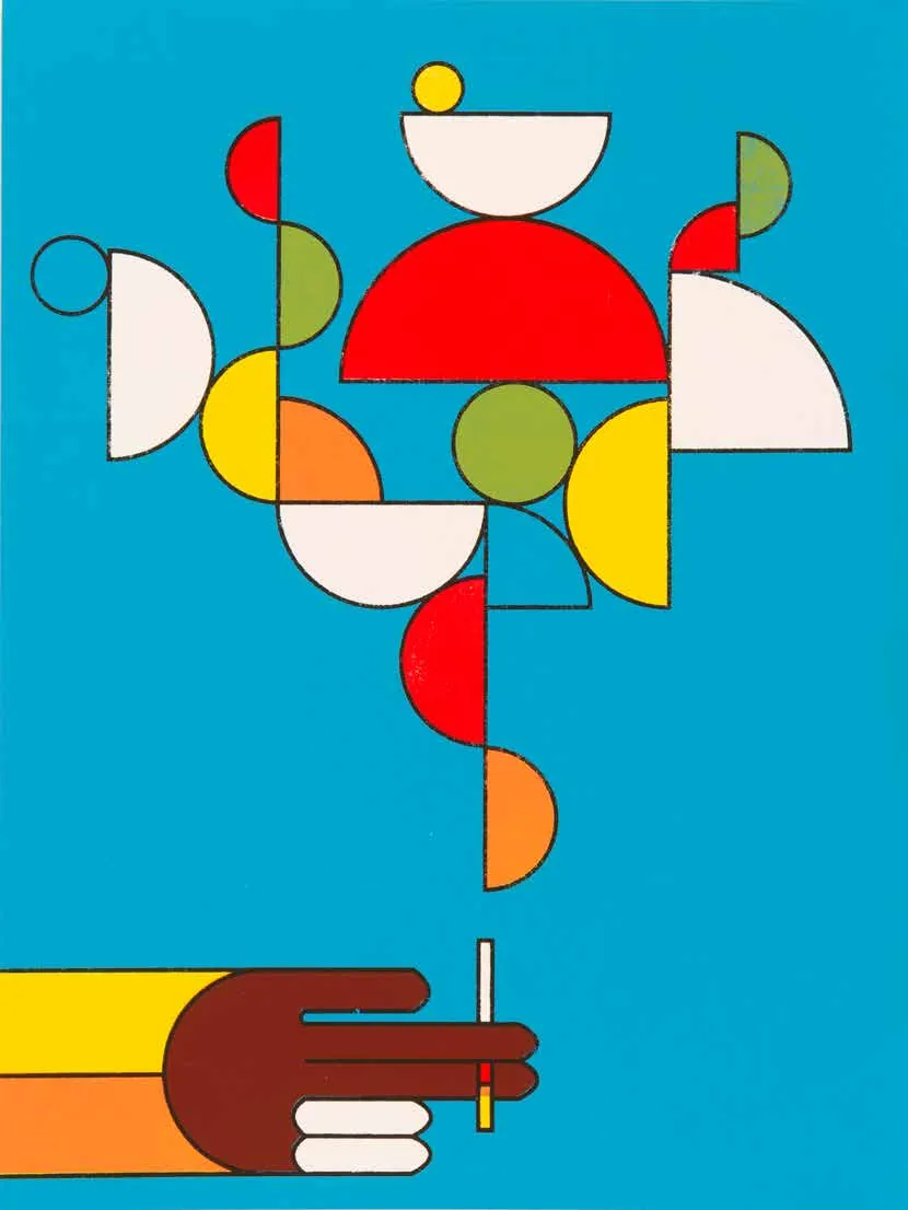 Affiche sérigraphiée « Cig » : formes géométriques colorées et une main au bas de l’image.