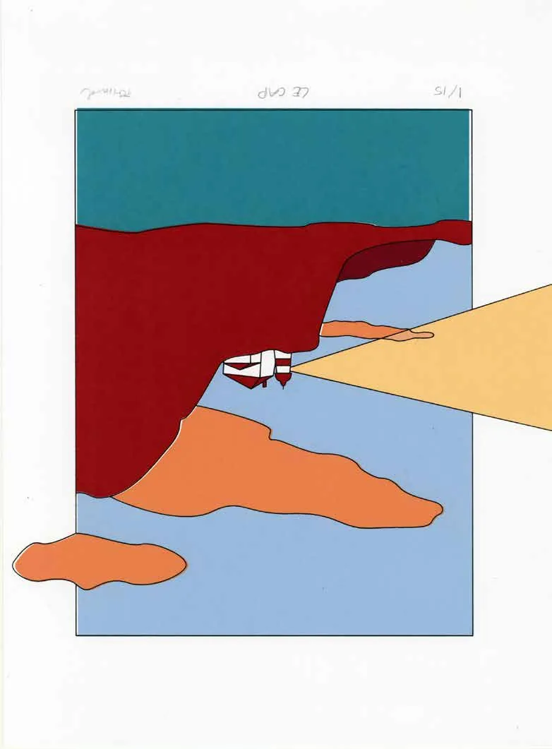 Affiche sérigraphiée « Le Cap » : falaise rouge, mer bleue et ciel crème.