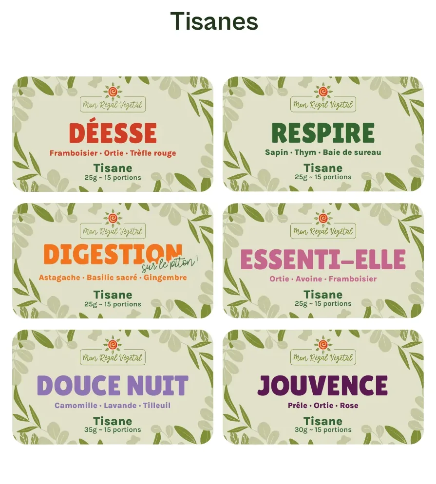 Six étiquettes de tisanes : Déesse, Respire, Digestion, Essenti-elle, Douce nuit et Jouvence.