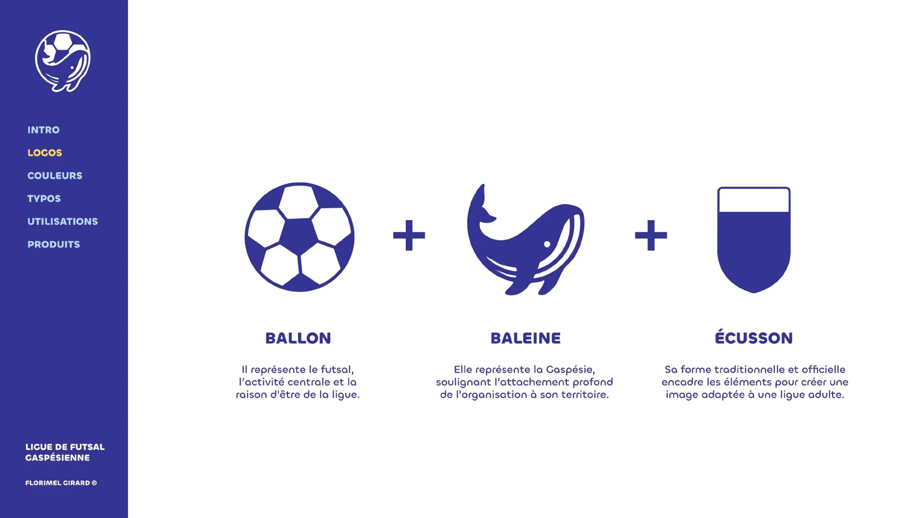 Les trois idées du symbole : un ballon, plus une baleine, plus un écusson.