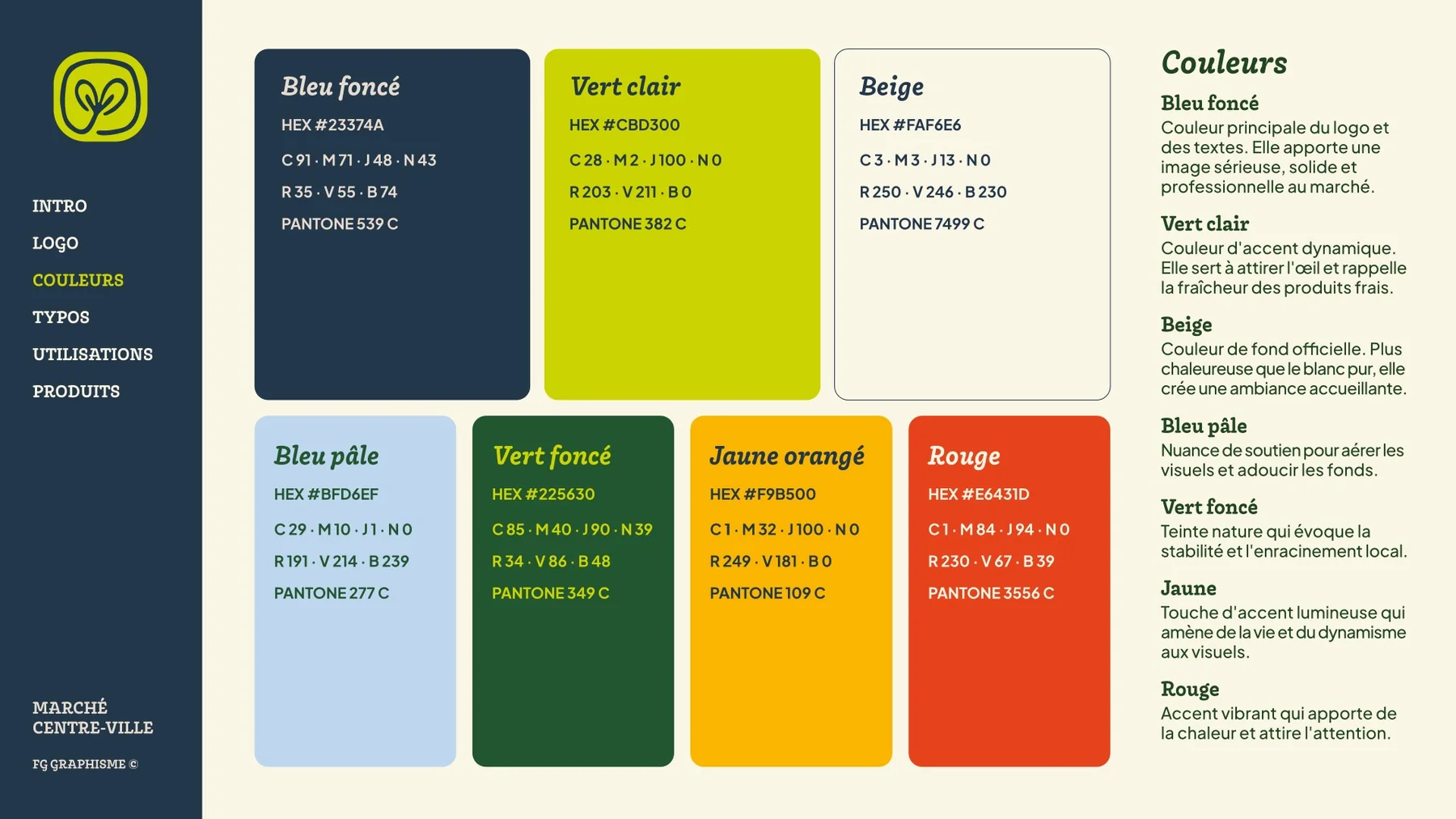 Palette du Marché Centre-Ville : bleu foncé, vert clair, beige, bleu pâle, vert foncé, jaune orangé et rouge.