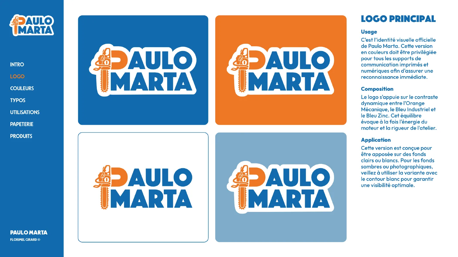Quatre versions du logo principal sur fond bleu, orange, blanc et bleu acier.
