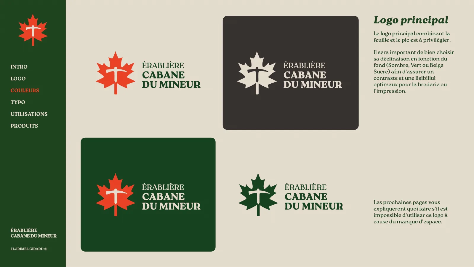 Les versions du logo principal et secondaire sur fond beige, vert et gris.