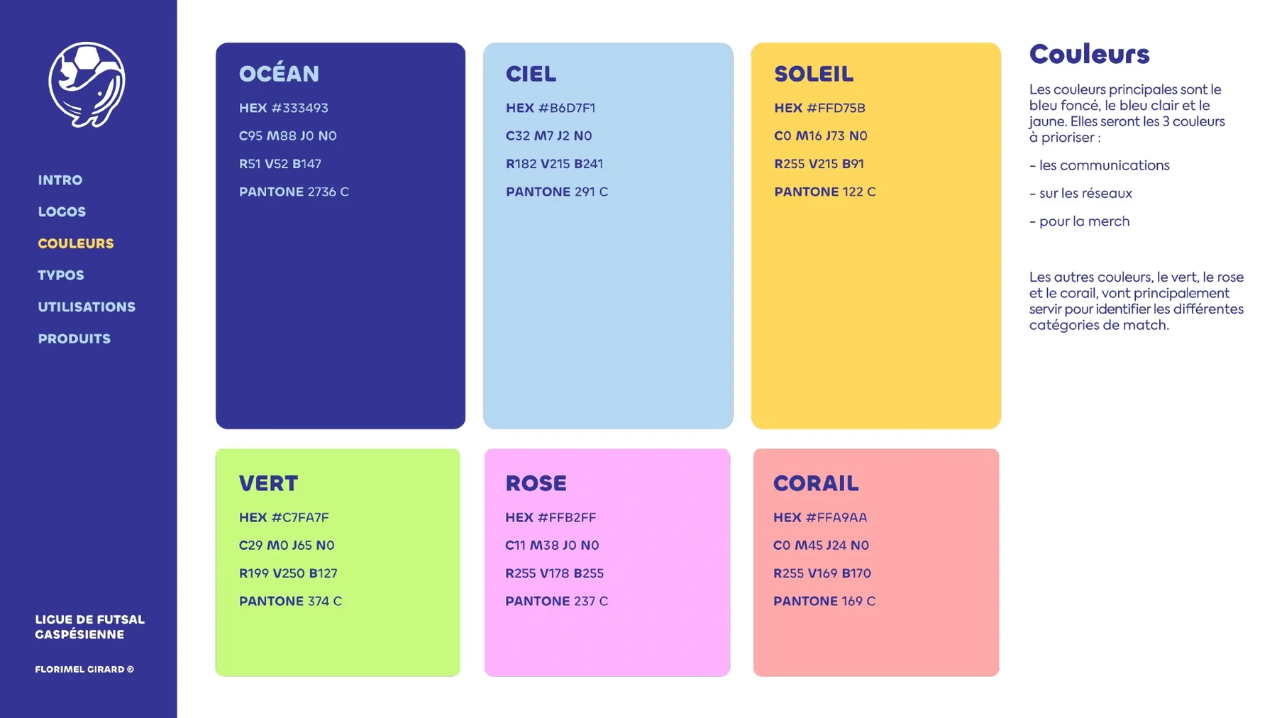 Palette de la ligue : océan, ciel, soleil, vert, rose et corail, avec leurs codes de couleur.