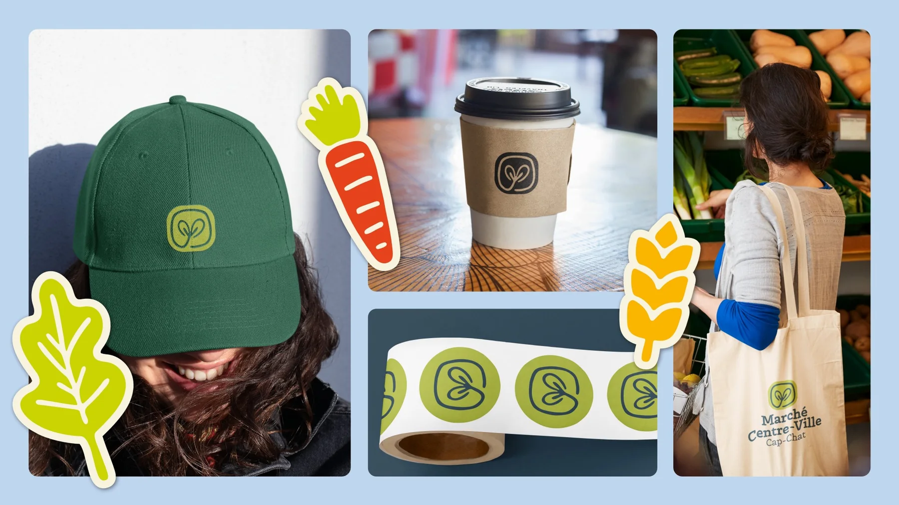 Casquette verte, tasse à café, rubans et autocollants, et sac en tissu à l’effigie du marché, avec des autocollants de carotte, de blé et de feuille.