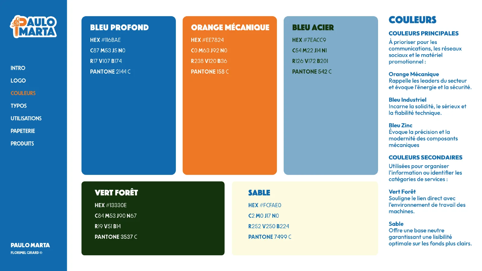 Palette de couleurs : bleu profond, orange mécanique, bleu acier, vert forêt et sable.