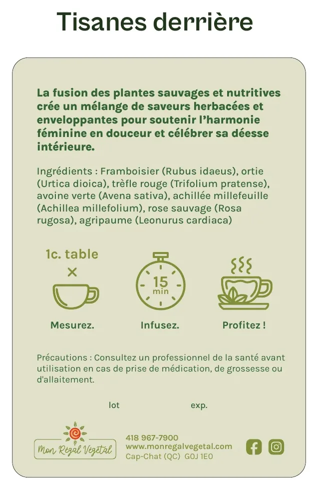 Verso d’étiquette de tisane : ingrédients, mode d’emploi en trois pictogrammes et précautions.