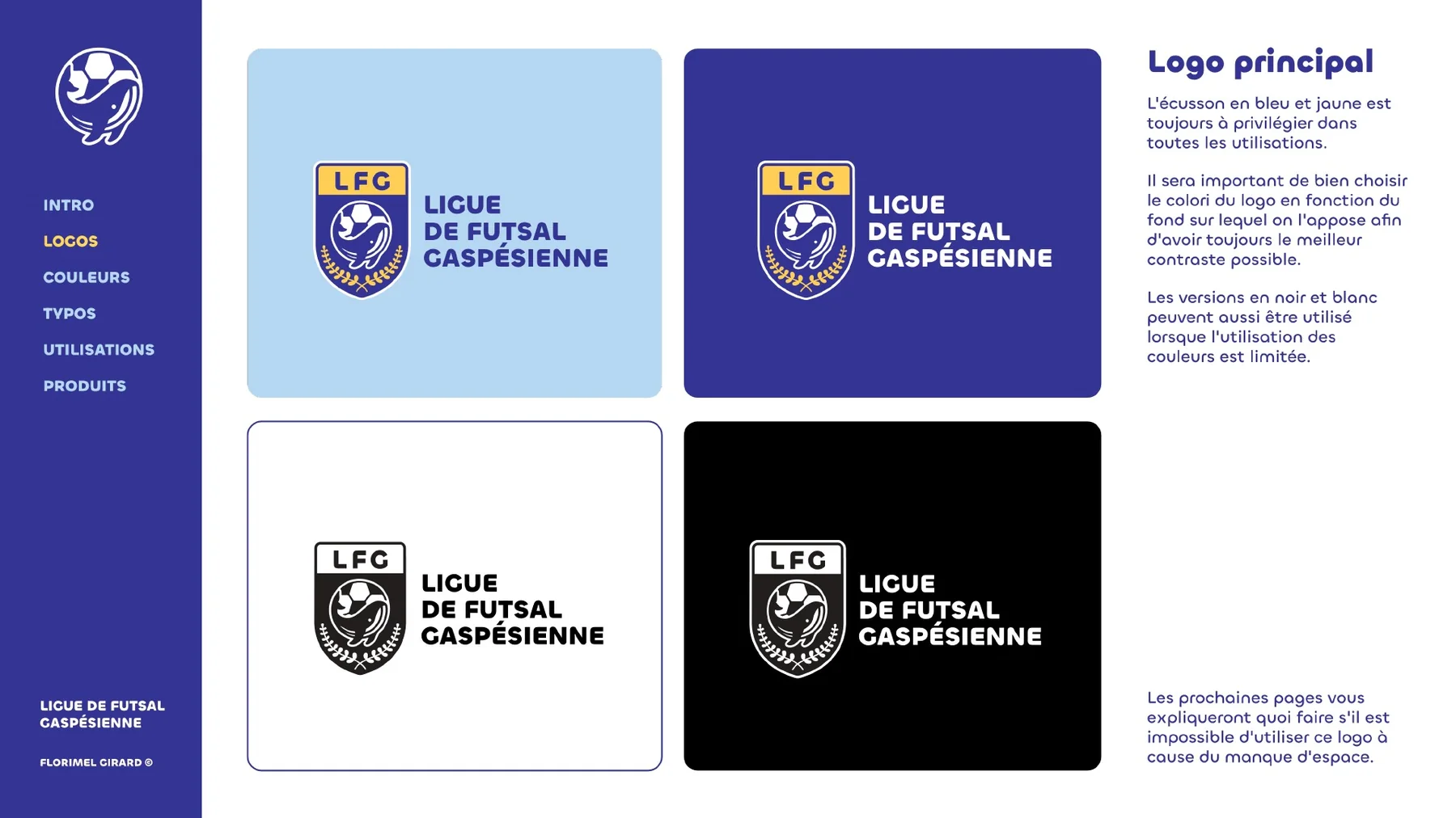 Les quatre versions du logo principal : sur fond bleu pâle, bleu foncé, blanc et noir.