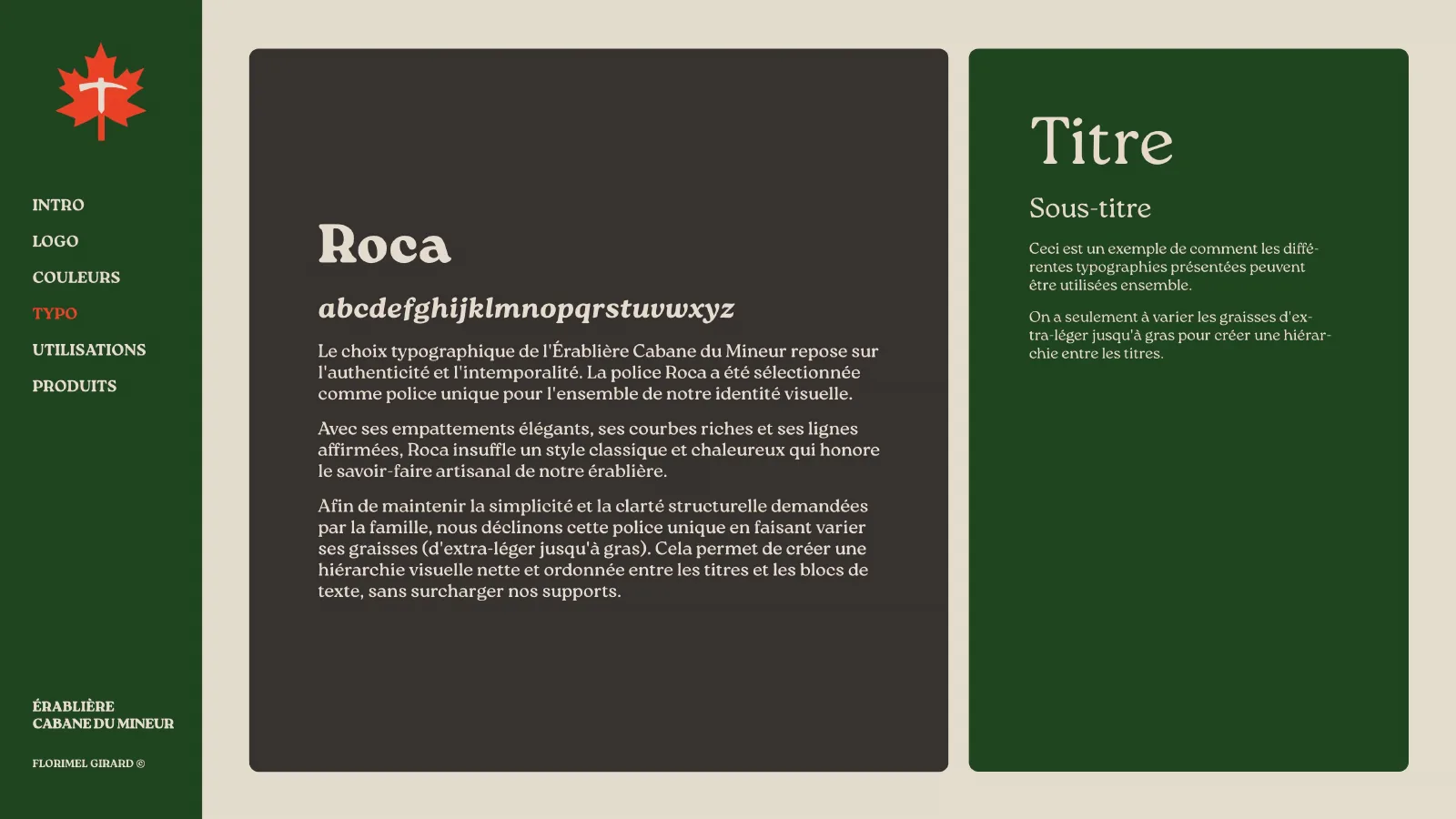 Typographie de l’identité présentée avec un exemple de titre et de texte.