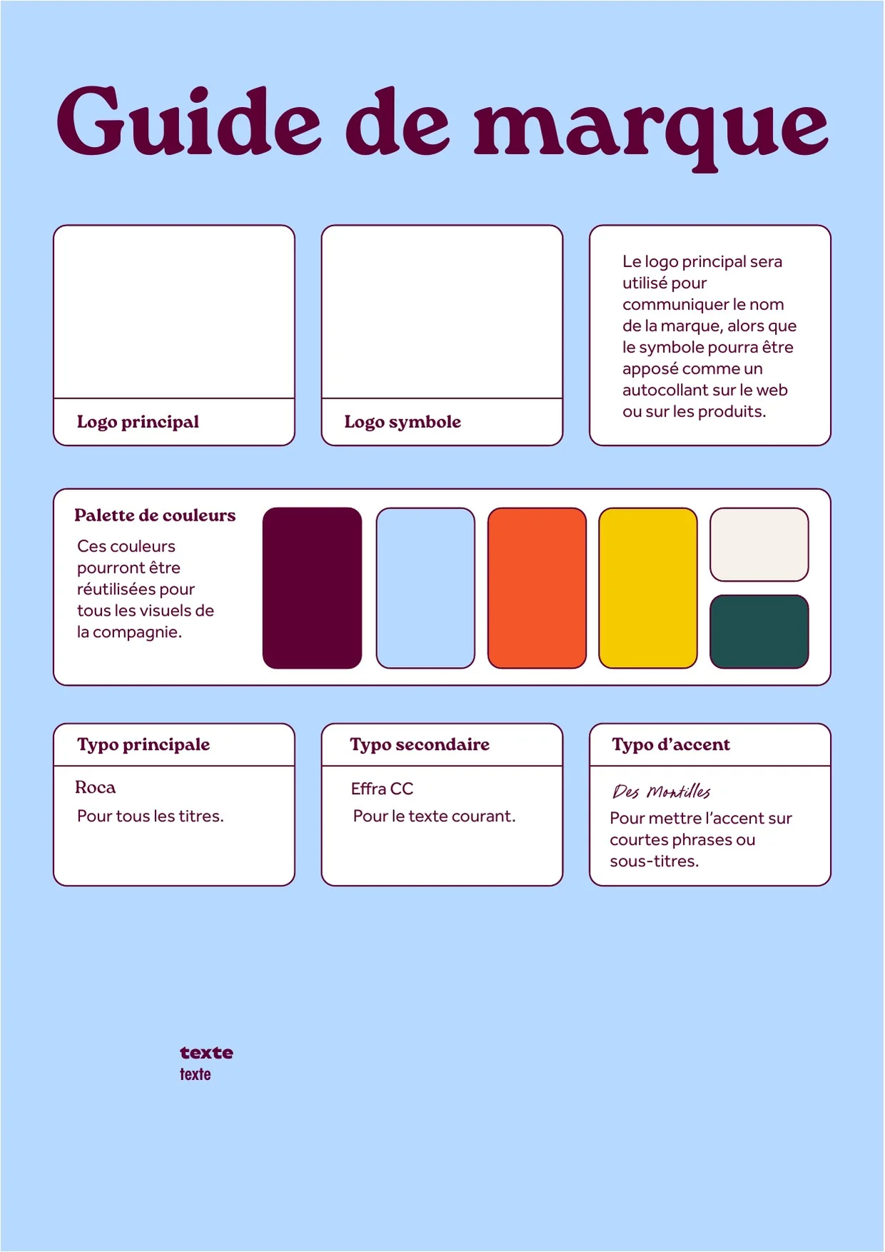 Guide de marque Butine : palette bordeaux, bleu, orange, jaune, crème et vert, avec les typographies Roca, Effra CC et une écriture manuscrite d’accent.