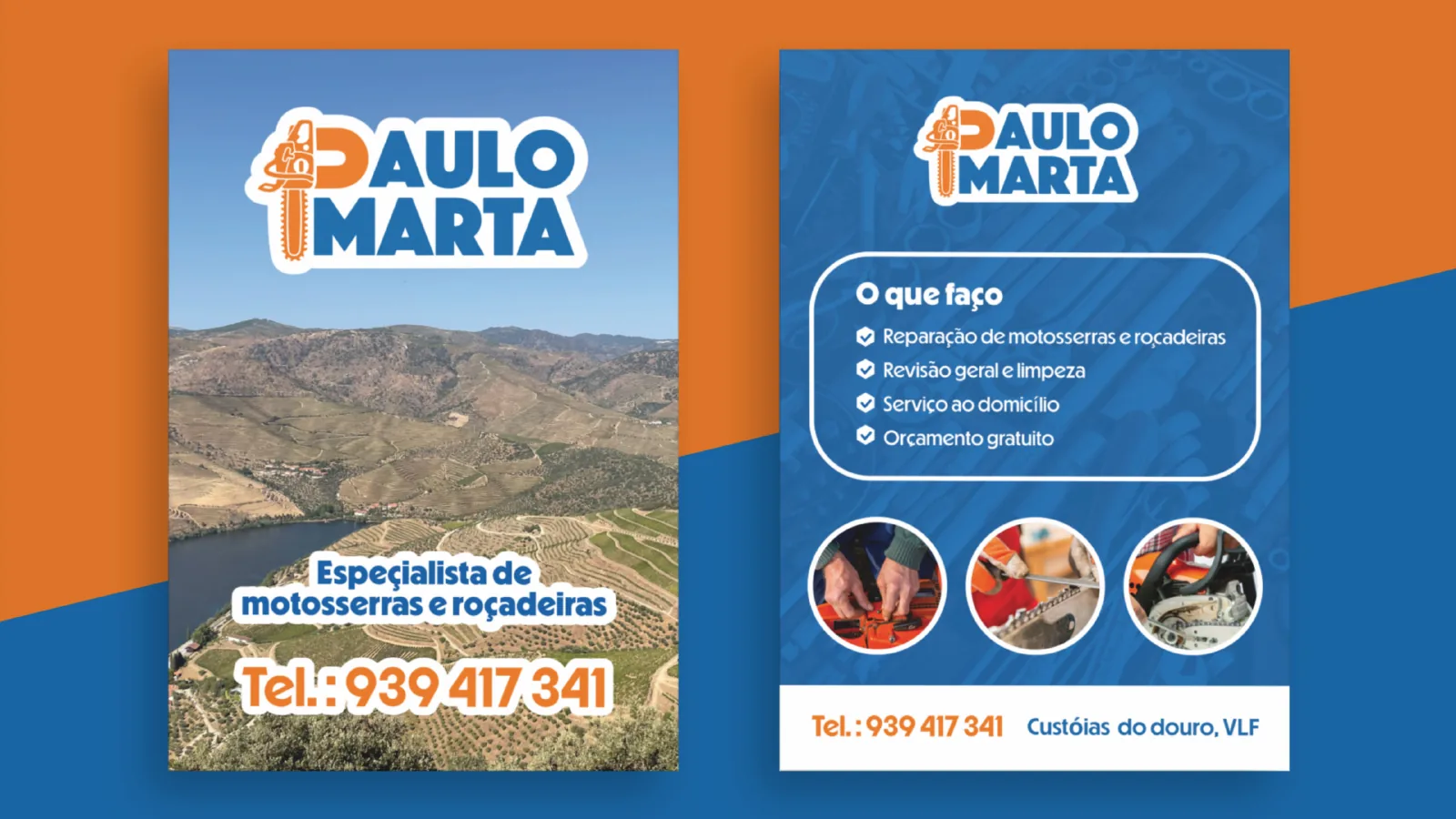 Dépliant bilingue : photo de la vallée du Douro et liste des services de réparation.