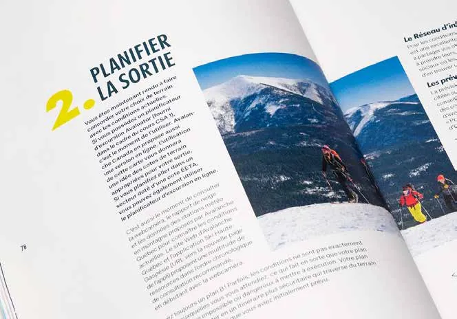 Double page « Planifier la sortie », avec des montagnes en arrière-plan.