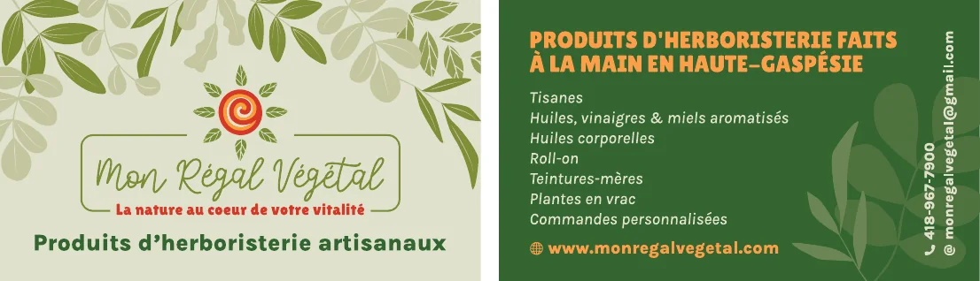 Carte d’affaires recto-verso : logo à gauche, liste des produits d’herboristerie à droite.